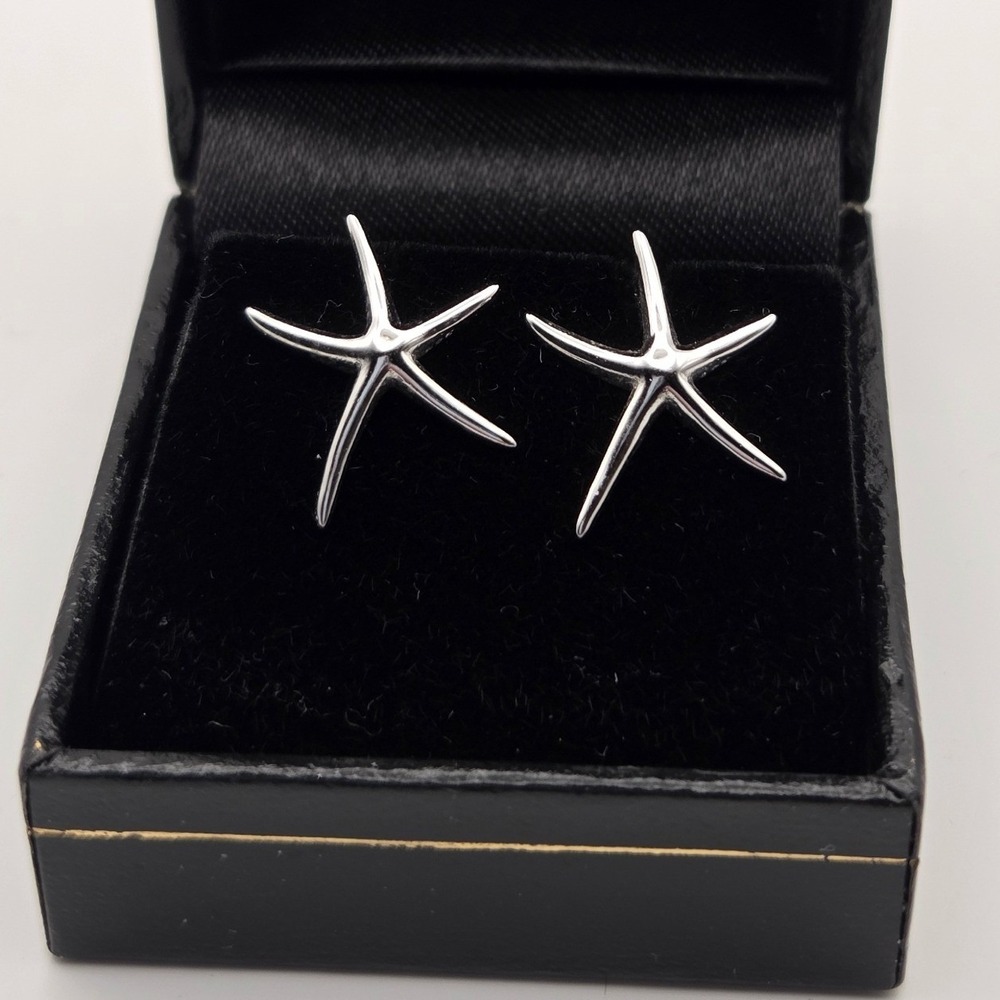 Sterling Silver Starfish Stud Earrings 925 Shiny Minimalist Coastal Sea Star